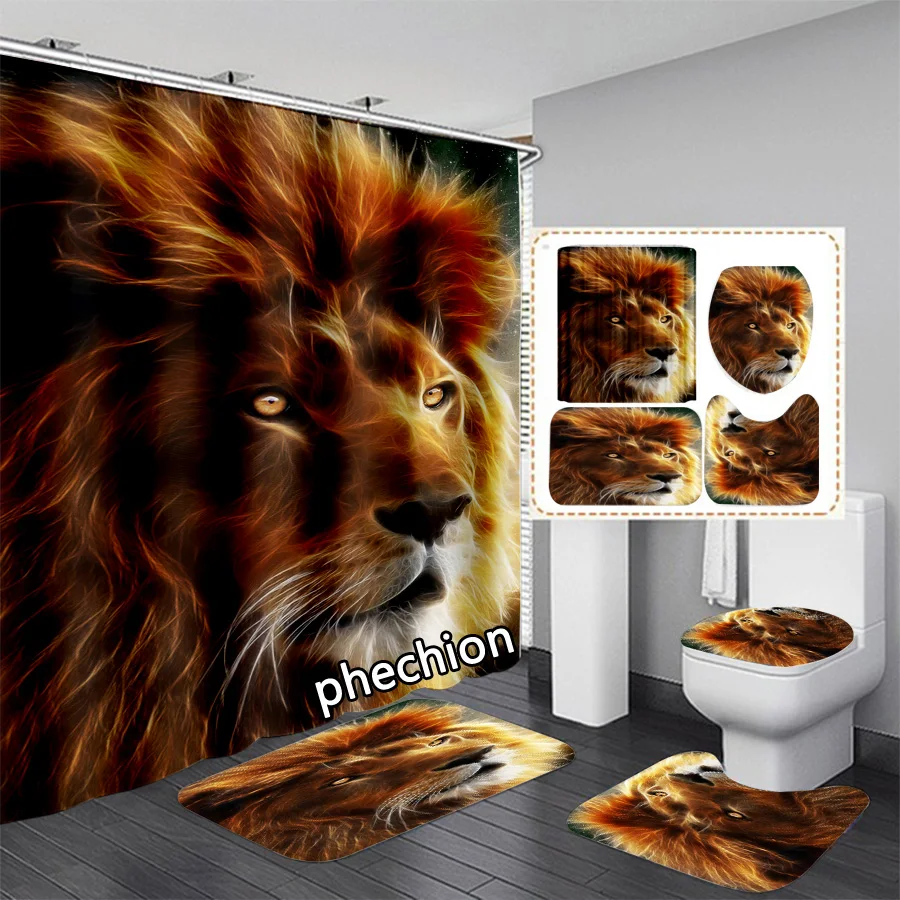 phechion New Fashion 3D Print Animal Lion Shower Curtain Waterproof Bathroom Curtain Anti-slip Bath Mat Set Toilet Rugs VR272