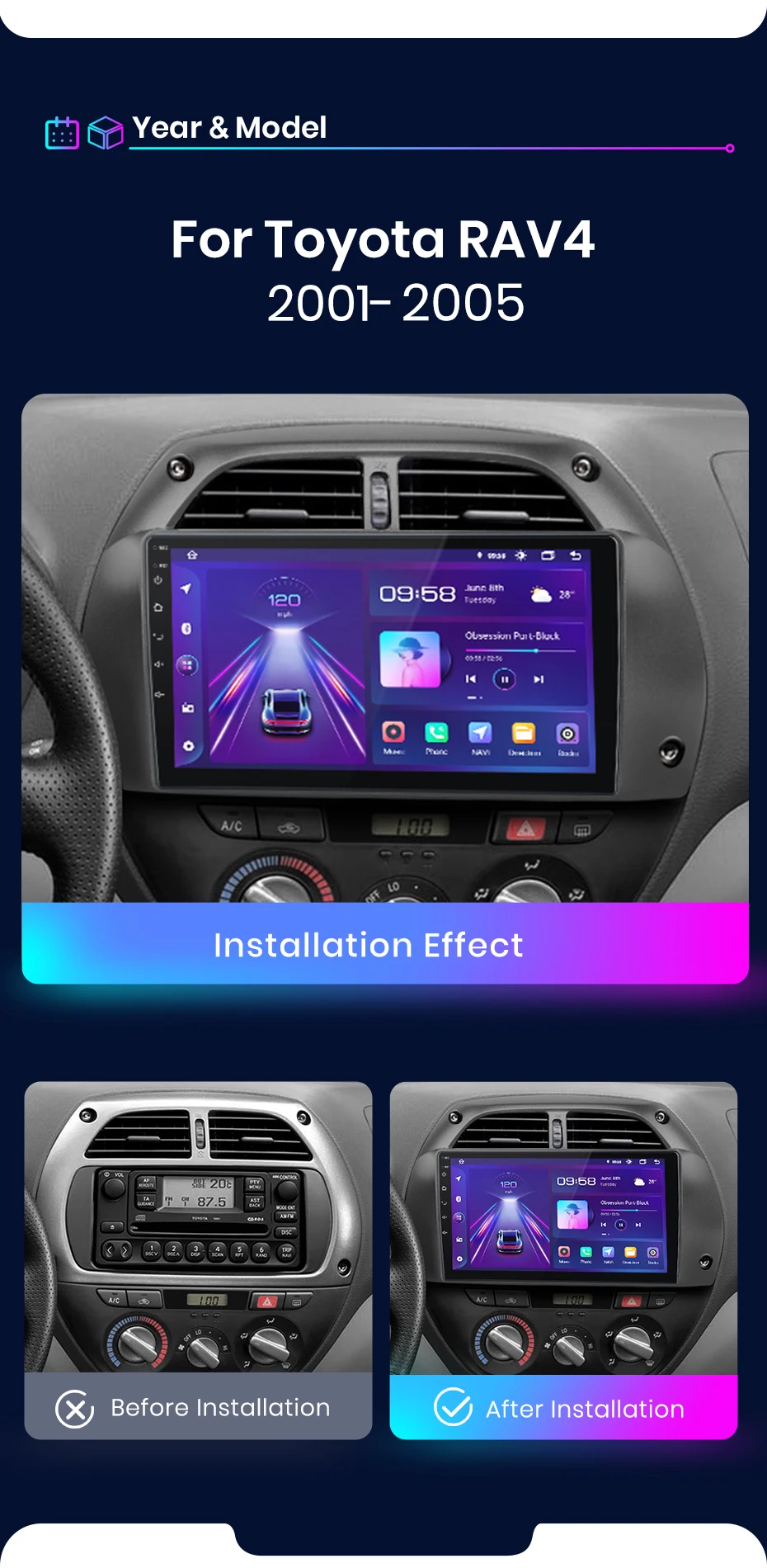 Junsun Wireless Carplay Android Auto Autoradio für Toyota Rav4 2001-2005 GPS Multimedia 2 Din – Detail 3