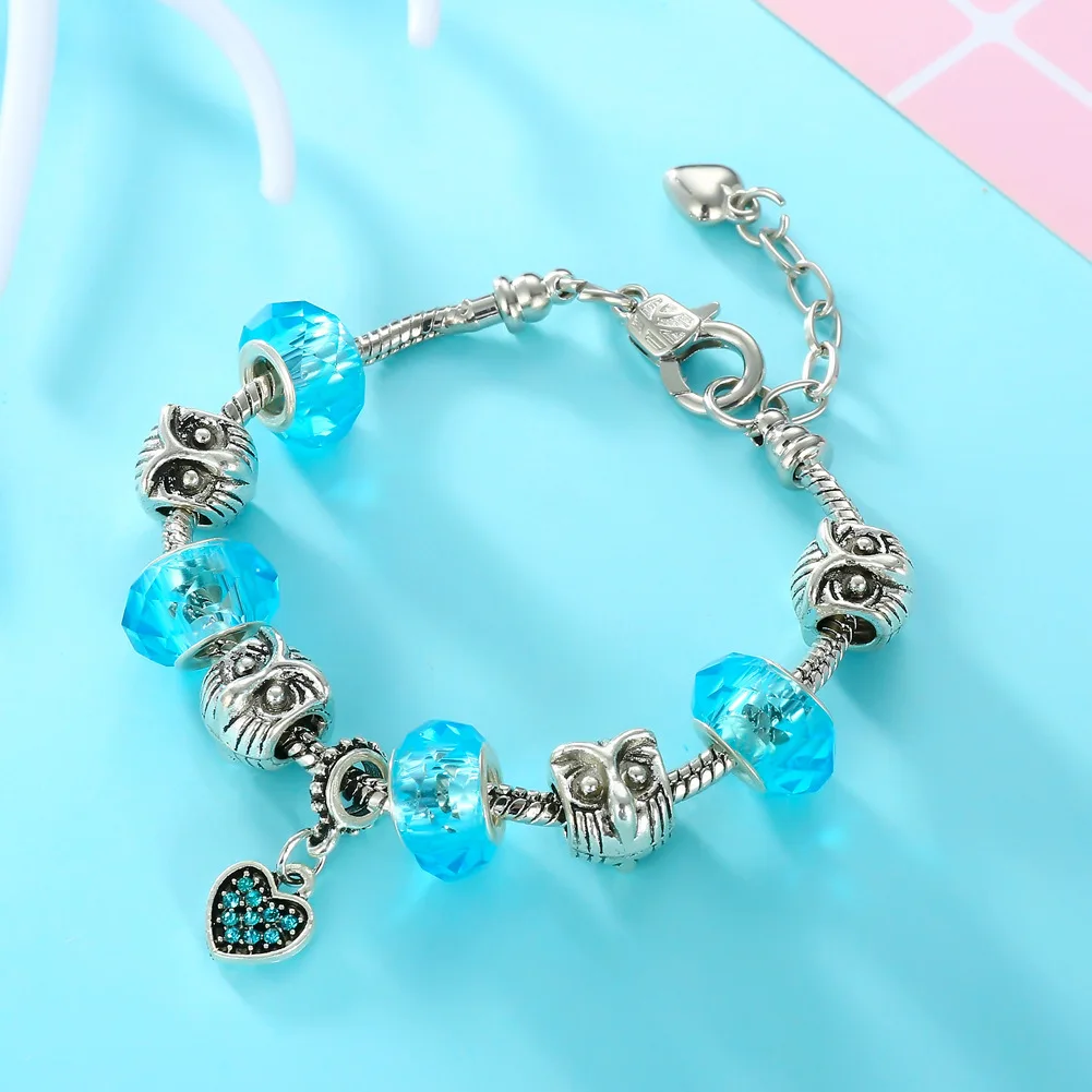 Quality Jewelry New Owl Crystal Beads Silver Color Chain Extend Heart Charms Bracelet For Women Fashion RJ209
