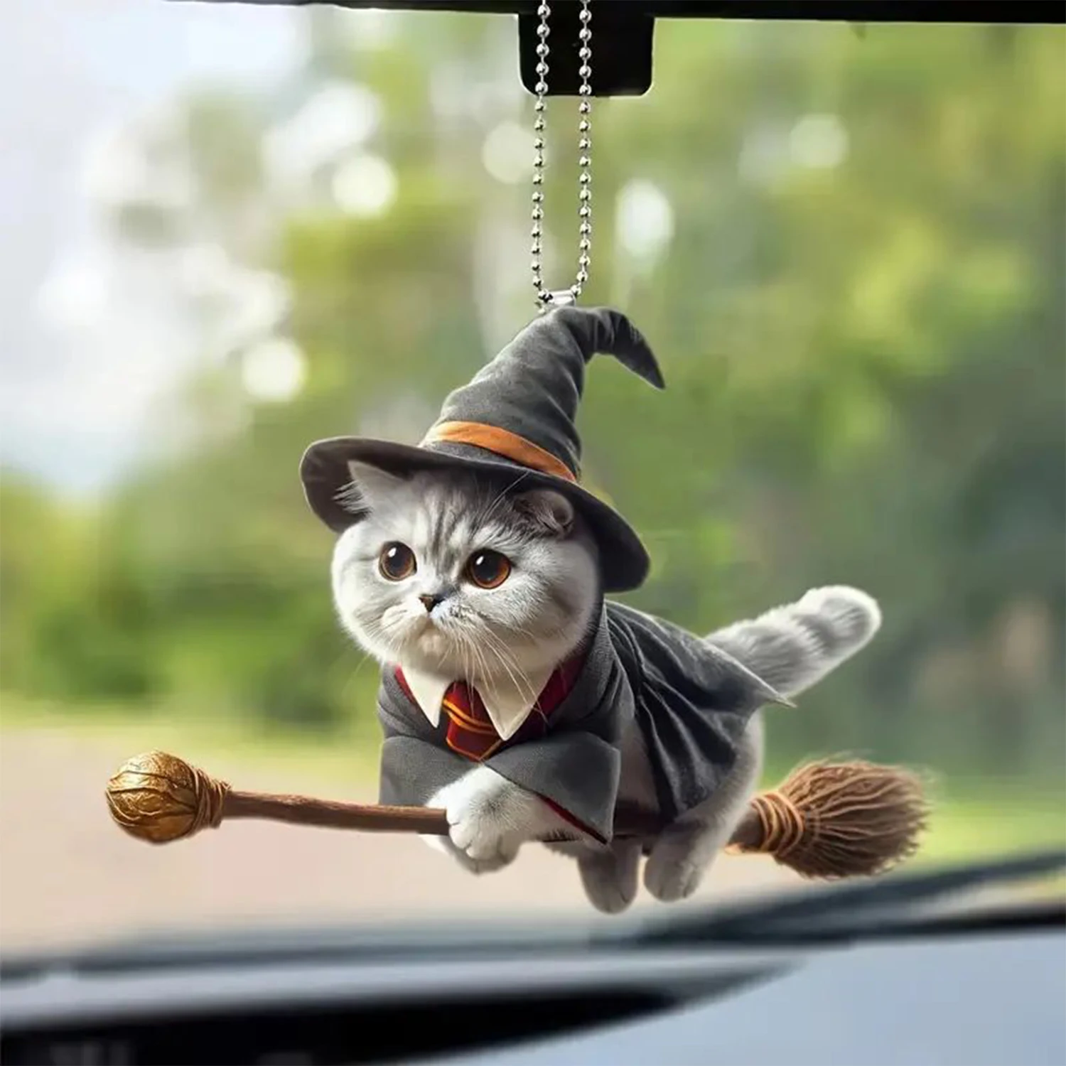 Cat Riding A Broom Pendant, Car Rearview Mirror Decoration Pendant, Home Decoration, Creative Animal-themed Backpack Pendant