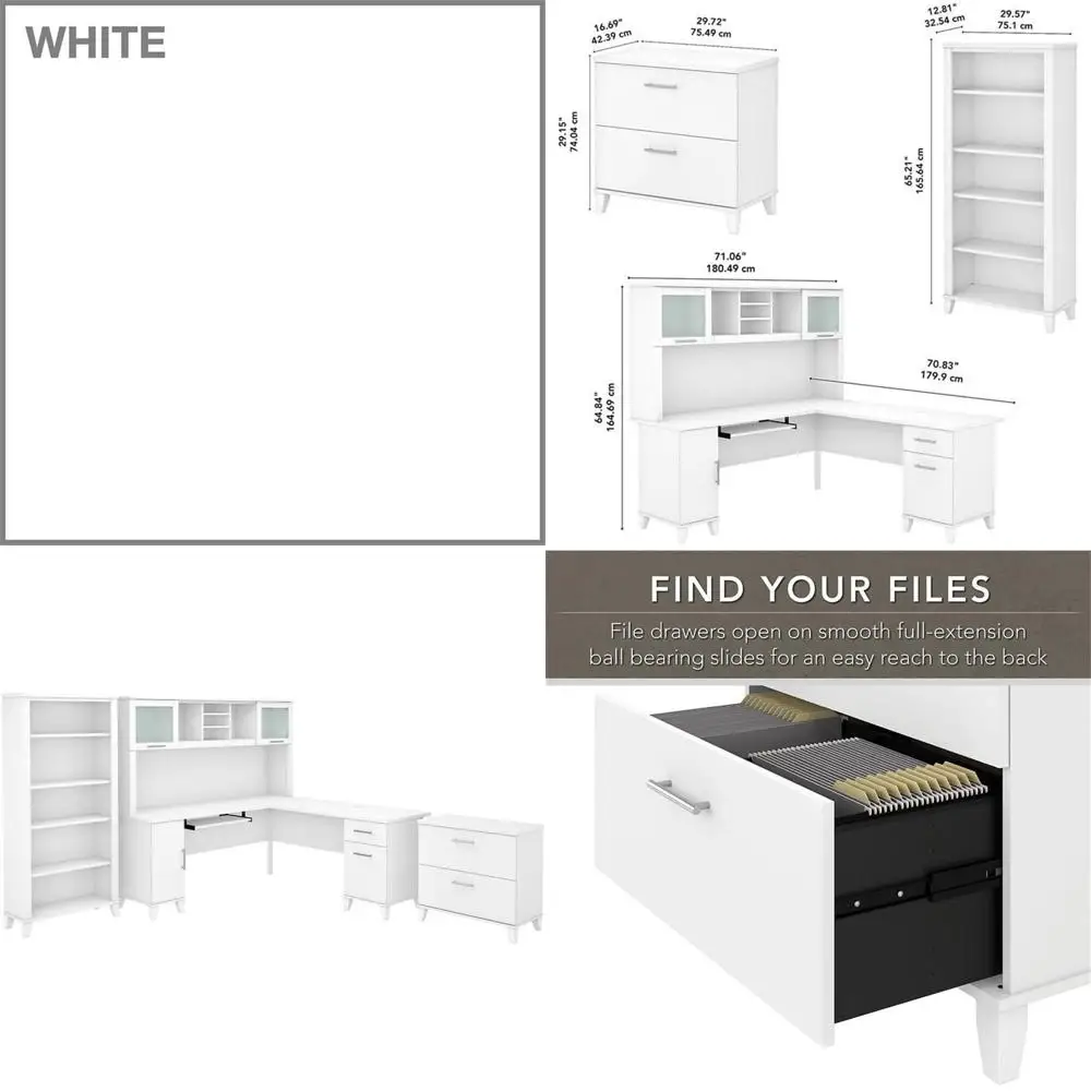 

72 White L-Shaped Desk with Hutch, File Cabinet, and Bookcase - Ideal for Home Office or Computer Use