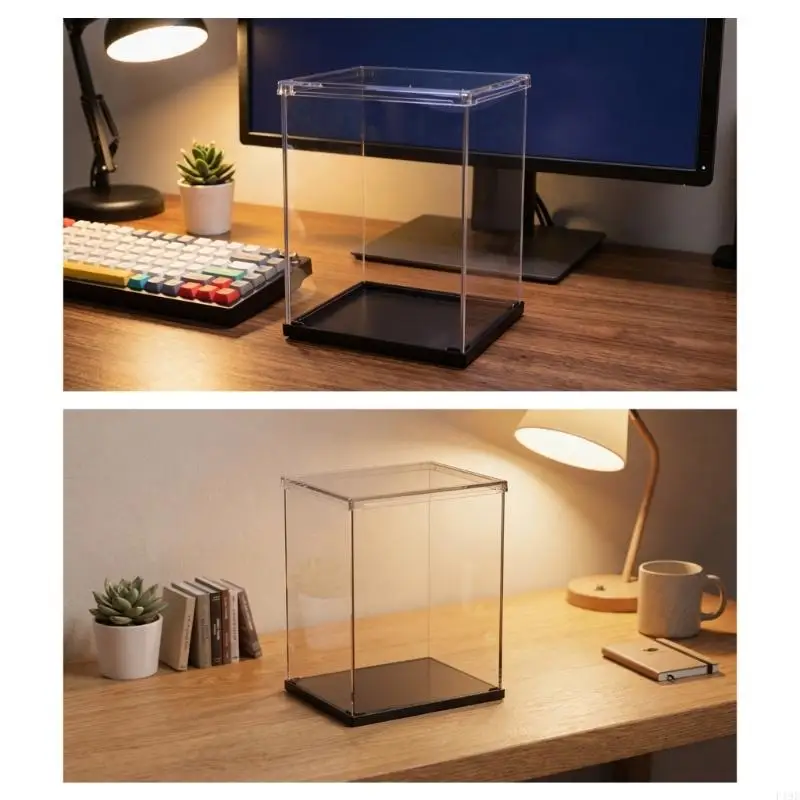 Acrylic Figurine Display Case with Clear Wall and Black Base, Featuring Top and Bottom Alignment for Building a Vertical F19E