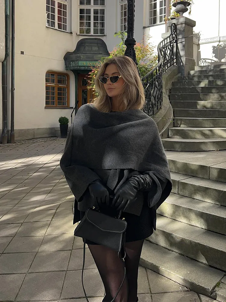 Podzimní zimní nová dámská pláštěnka s dlouhým rukávem, pletený kabát, módní šátek a límec, teplá dámská krátká bunda, elegantní streetwear - náhled 2