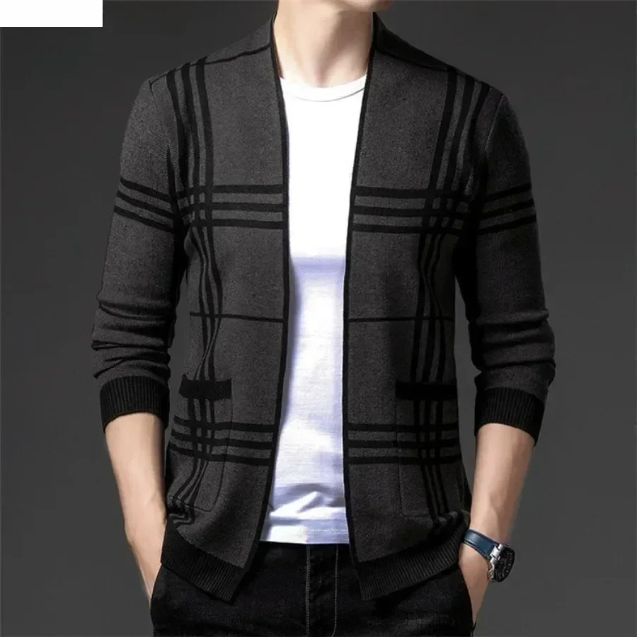 

Men's Fashion Knitted Cardigan Jacket Korean Style Striped Slim Fit Sweater Coats Simple Men's Casual Clothing Blazer Tops