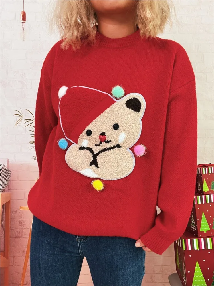 Novo feminino doce dos desenhos animados urso camisola de malha topo outono e inverno elegante em torno do pescoço casual chique camisola de manga comprida