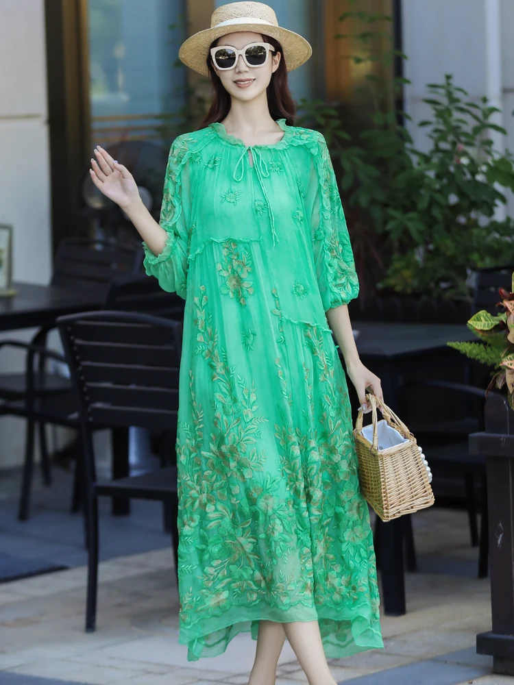 Early Autumn New Mulberry Silk Dress Women's High End Elegant Three Quarter Sleeve Embroidery Loose Long Dress One Size