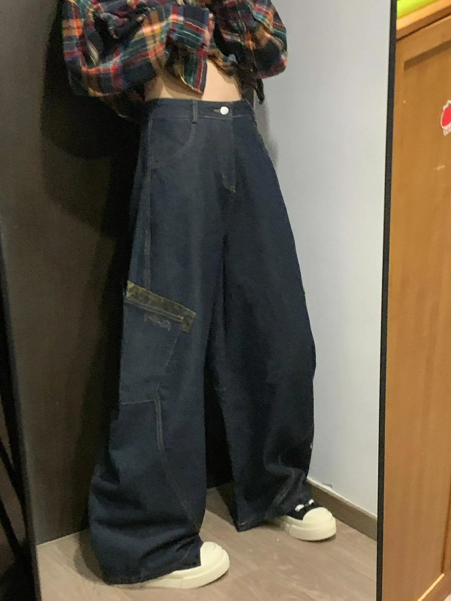 

Женские широкие джинсы, прямые ретро, американские повседневные темные рваные джинсы, простая серия для девочек, эстетика на High Street