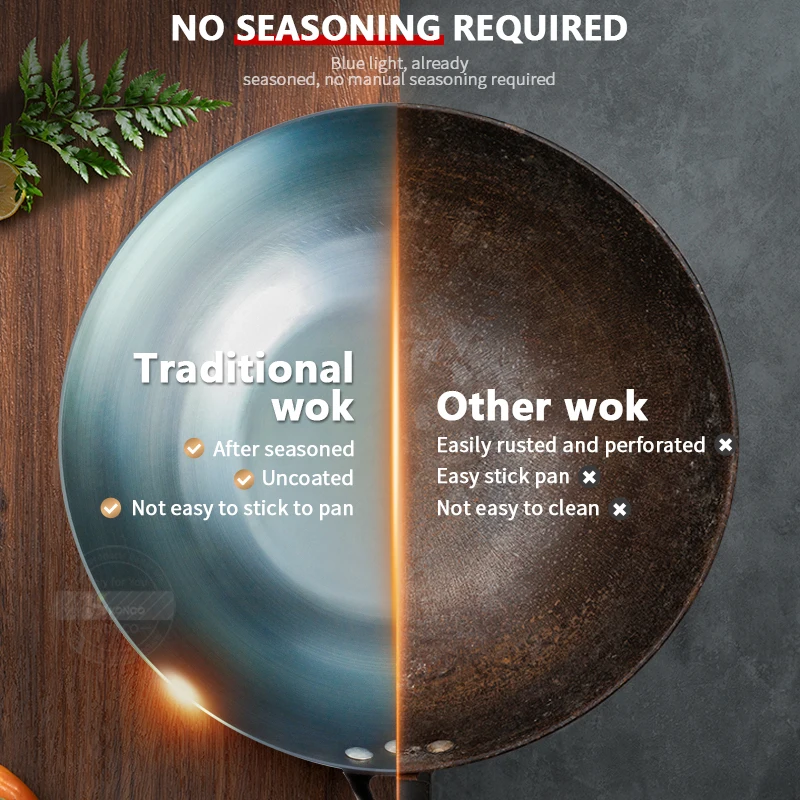 30-34cm Chinese Traditional Iron Wok Handmade Large Wok with Wooden Handle Frying Pan Non-stick Wok Gas Cooker Kitchen Cookware