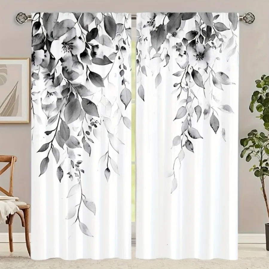 2PCS Digital Print Curtain, Gray Eucalyptus Leaf Botanical, Minimalist Nature Foliage for Living Room Bedroom Kitchen Decor