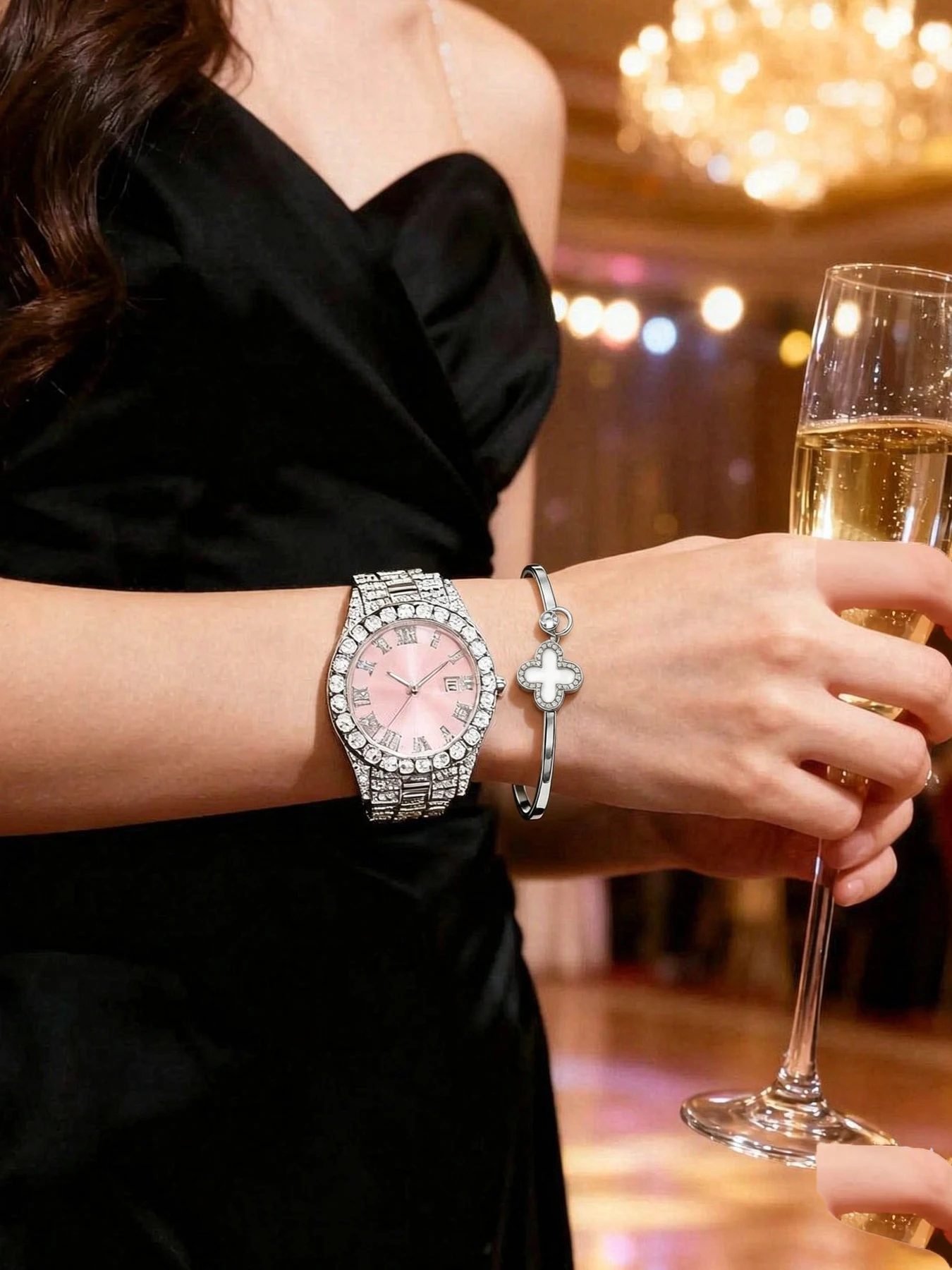 Diamond Quartz Watch Hip-Hop Watch Bracelet Necklace Set Fashion Hot-Selling Wristwatch