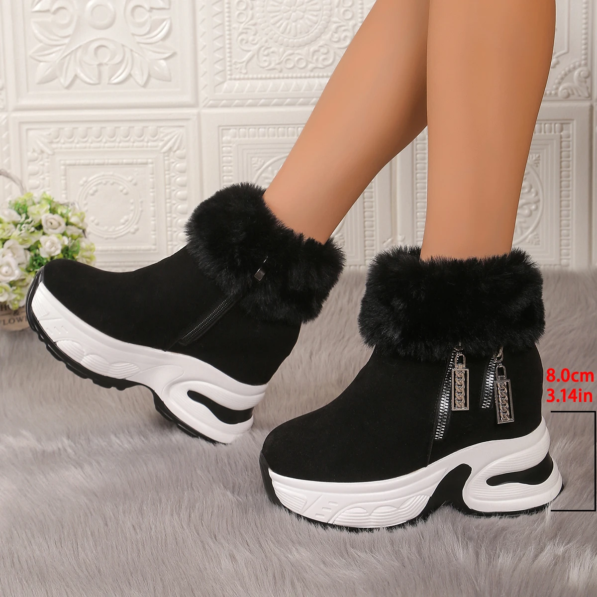 Women Wedge Boots Luxury Plus Plush Warm Snow Boots 2024 Winter New Fuzzing Increasing Sneakers Zipper Women\'s Platform Shoes