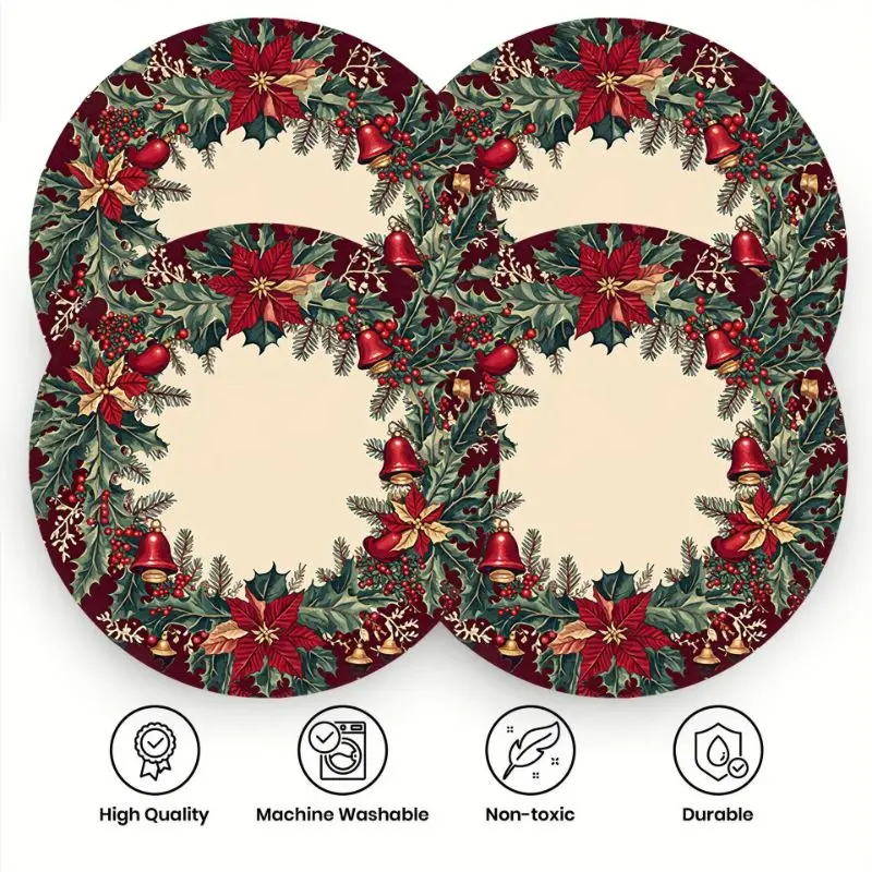 VIKAMA 2/4/6PCS Christmas Mat Set Christmas Tree Holly Berry Round Mat Winter Table Decoration Washable