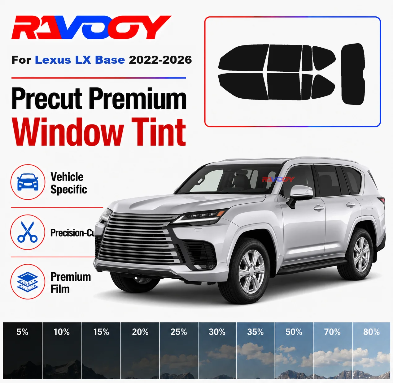

Premium Precut Window Tint Kit Front Rear Windows Rear Windshield For Lexus LX Base 2022-2026 Complete Set Nano Ceramic Film