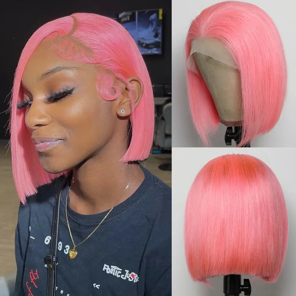 

Short Pink Bob Hair Wig 13x4 Human Hair Lace Frontal Wig Brazilian Straight Bob Transparent Lace Front Human Hair Wigs For Women