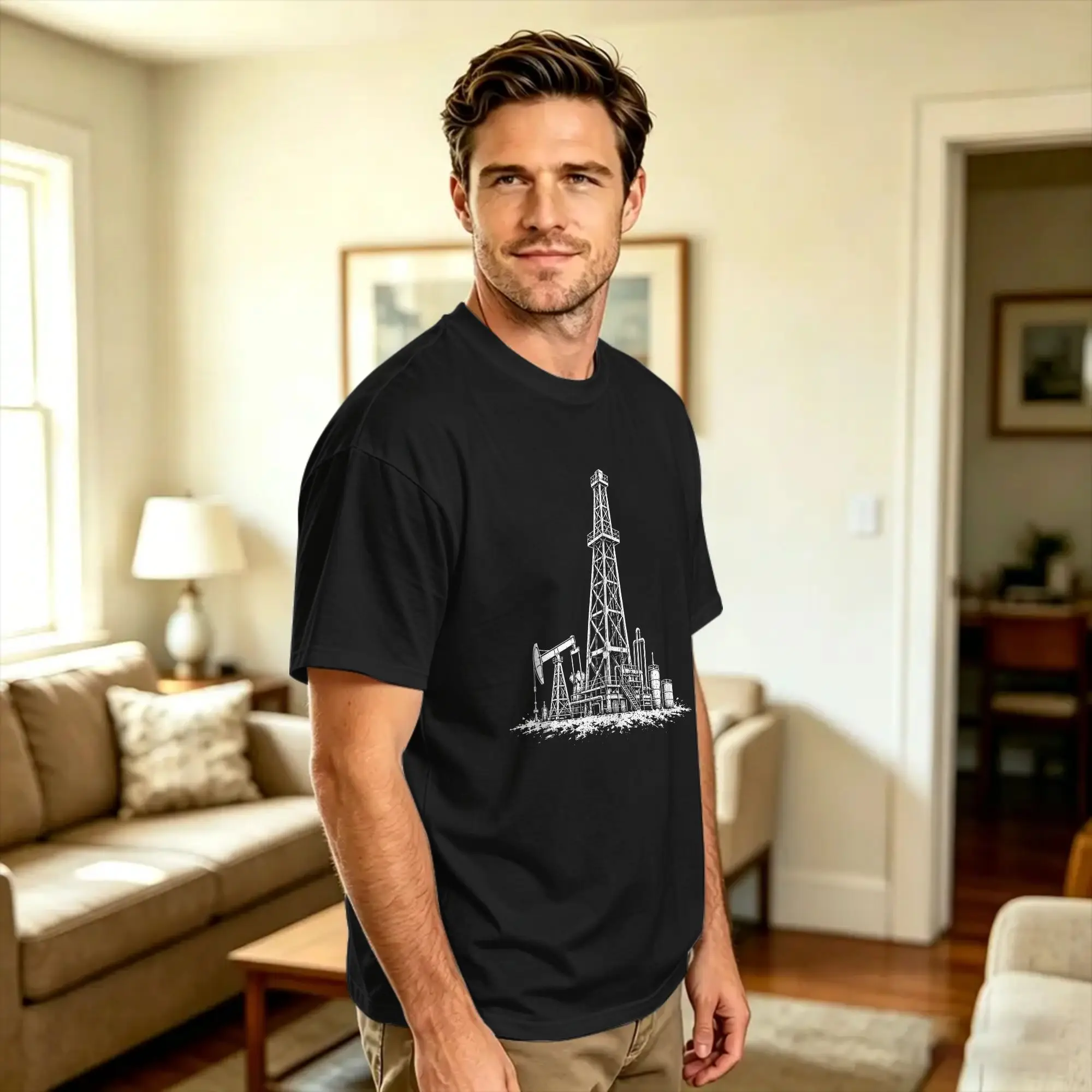 Men Vintage Oil Derrick Pump Oilfield Worker Roughneck T Shirts  Cotton Tops Summer Vintage Short Sleeve T Shirt Crewneck Tshirt