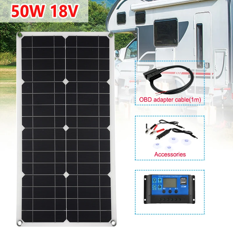 18V Solar Panel Kit 50W Flexible Solar Cell 60A Controller High Efficiency 12V Battery Charger Module for Car RV with OBD Line