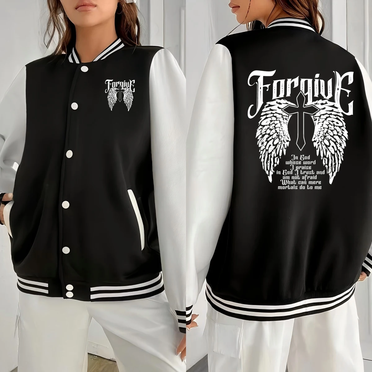 

Cross And Wings God Printing Women Streetwear Street Y2K Baseball Jacket Loose Casual Coat Fleece American Clothing Unisex