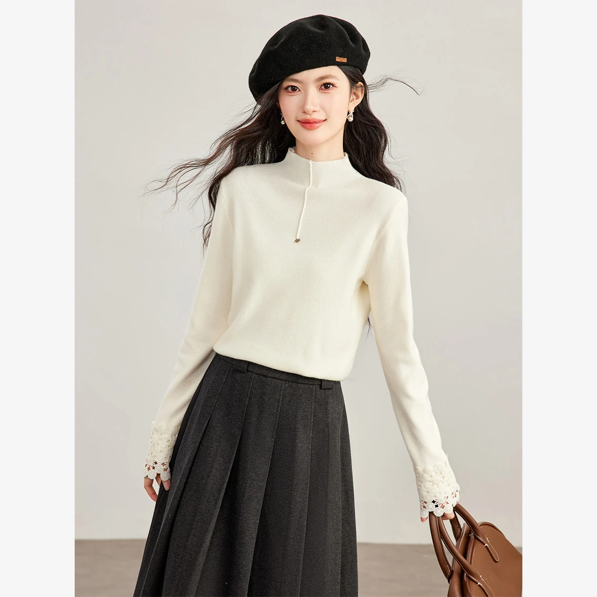 VIMLY Women's Sweater 2026 Fall Winter Mock Neck Lace Crochet Pullover Elegant Fashion Versatile Female Long Sleeve Top 31926