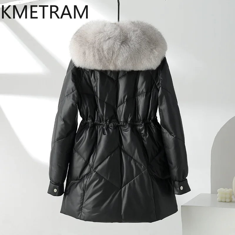 White Goose Down Puffer Jacket Women Clothing Natural Sheepskin Mid Length Down Coats Fox Fur Collar 2024 Winter Jackets пуховик