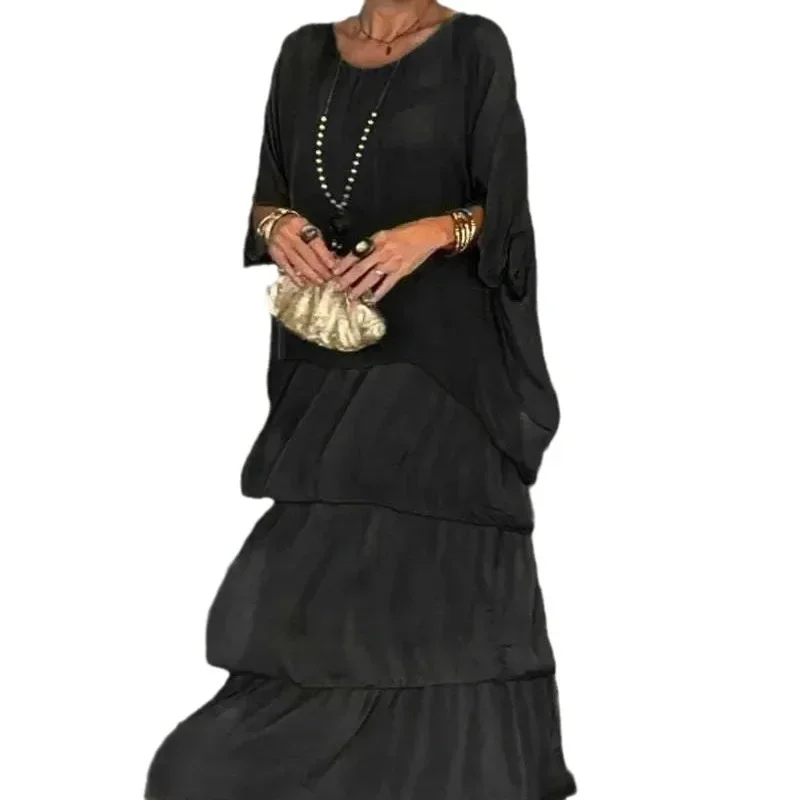 Women Elegant Solid Chiffon Boho Dress 2024 New Spring Summer O-Neck Female Pullover Dresses Half Bat Sleeve Cake Long Vestidos