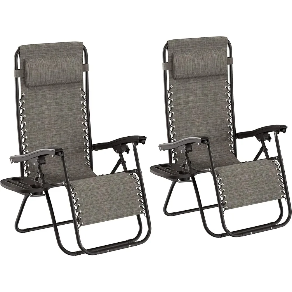 Folding Chair Gray Zero Chairs-Set of 2 Folding Anti-Gravity Recliners-Side Table Cup Holder & Pillow-for Outdoor Lounging Beach