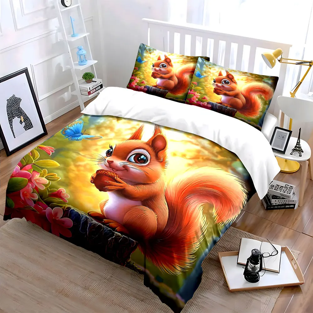 Adorable Squirrel Nature Decor Set Bedding Set with 1 Duvet Cover 2 Pillowcases Single Double King Queen, Gift