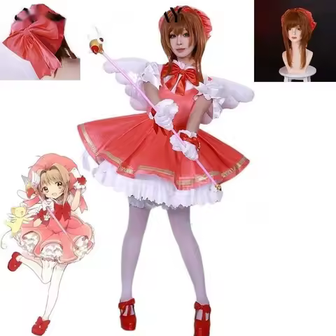 Anime Sakura Cosplay Anime Cardcaptor Sakura Kinomoto Sakura Cosplay Costume Dress Hat Wig Role Play Carnival Party Clothes