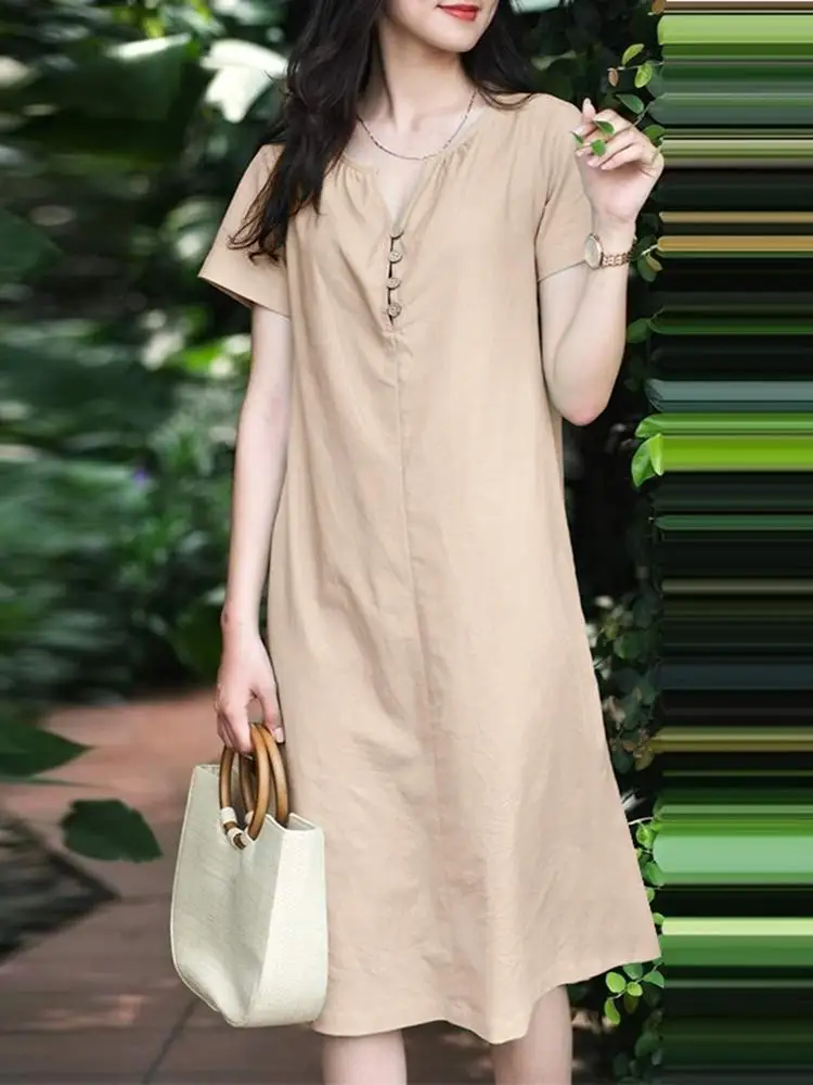 ZANZEA Summer Women Short Sleeve Dress Fashion V-Neck Party Holiday Vestidos Robe Femme Casual Loose Cotton Sundress Oversize