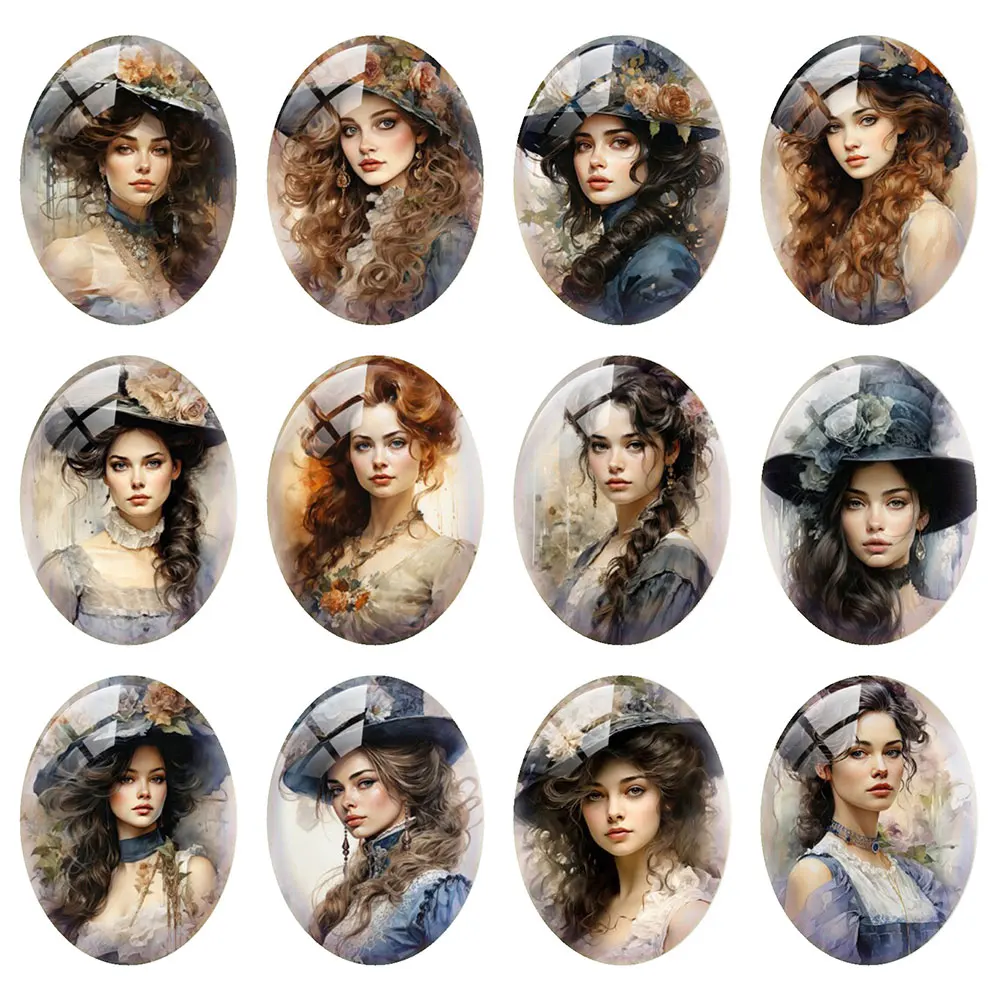 Random Mixed Round/Oval/Square Flower Arrangement Hat Lady Girl Photo Glass Cabochon Flatback Demo Cameo For Diy Jewelry Making