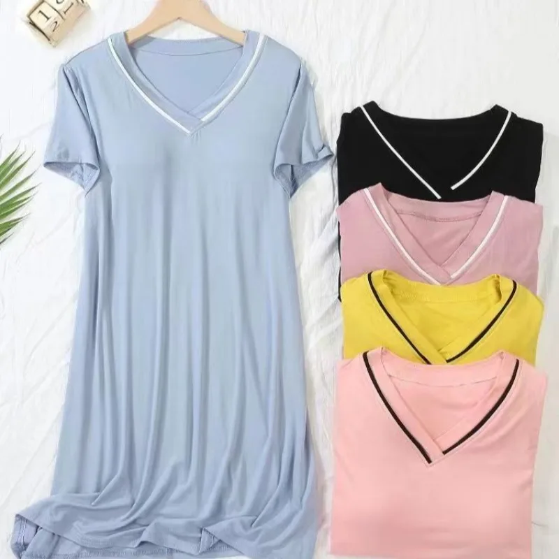 Einfaches Kurzarm-Nachthemd für Erwachsene, einfaches Damen-Nachthemd mit V-Ausschnitt und Brustpolster, Schlafkleidung für Mädchen, lässige Homewear, kurzes Nachthemd für Damen