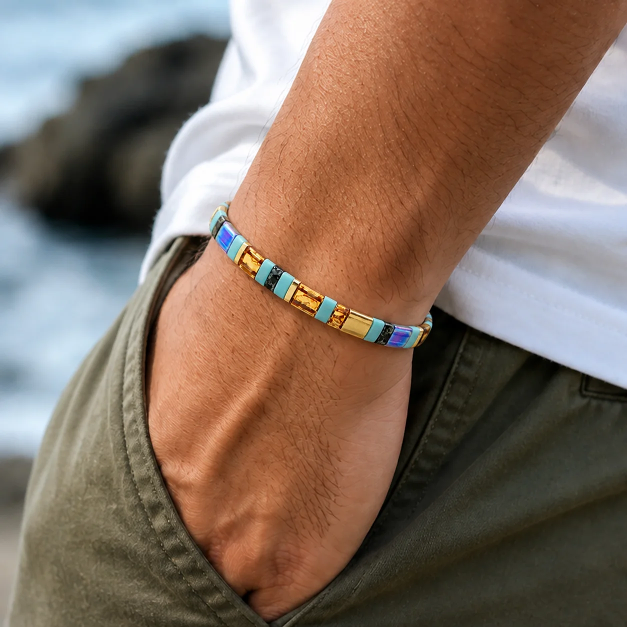 1pc Glass Beaded Strand Bracelet with Geometric Turquoise Amber and Iridescent Square Beads Trendy Unisex Style