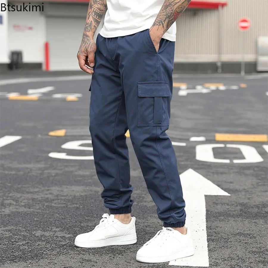 

New Men's Cargo Pants Casual Multi-Pocket Elastic Waist Overalls Ankle Pants Spring Outdoor Sports Solid Color Trousers for Men