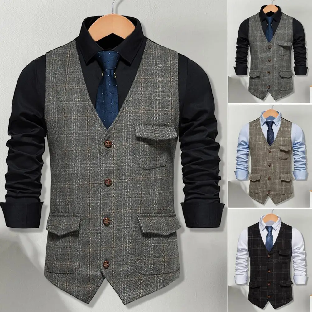 Men Waistcoat Male Business Waistcoat Plaid Print Retro Men's Business Waistcoat Single Breasted Slim Fit Vest Coat for Work