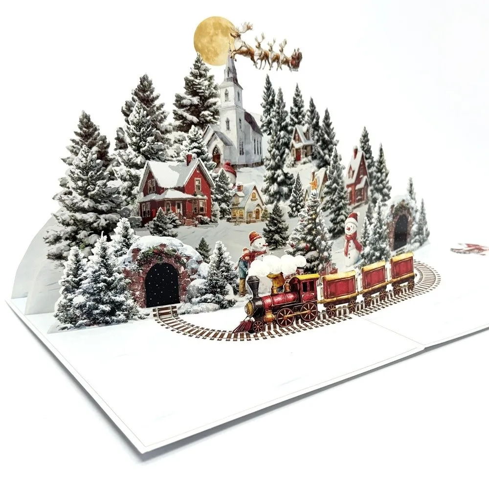Premium With Envelopes 3D Christmas Card Folding Design Snowy Village Scene Pop-Up Christmas Card Holiday Greeting Card Party