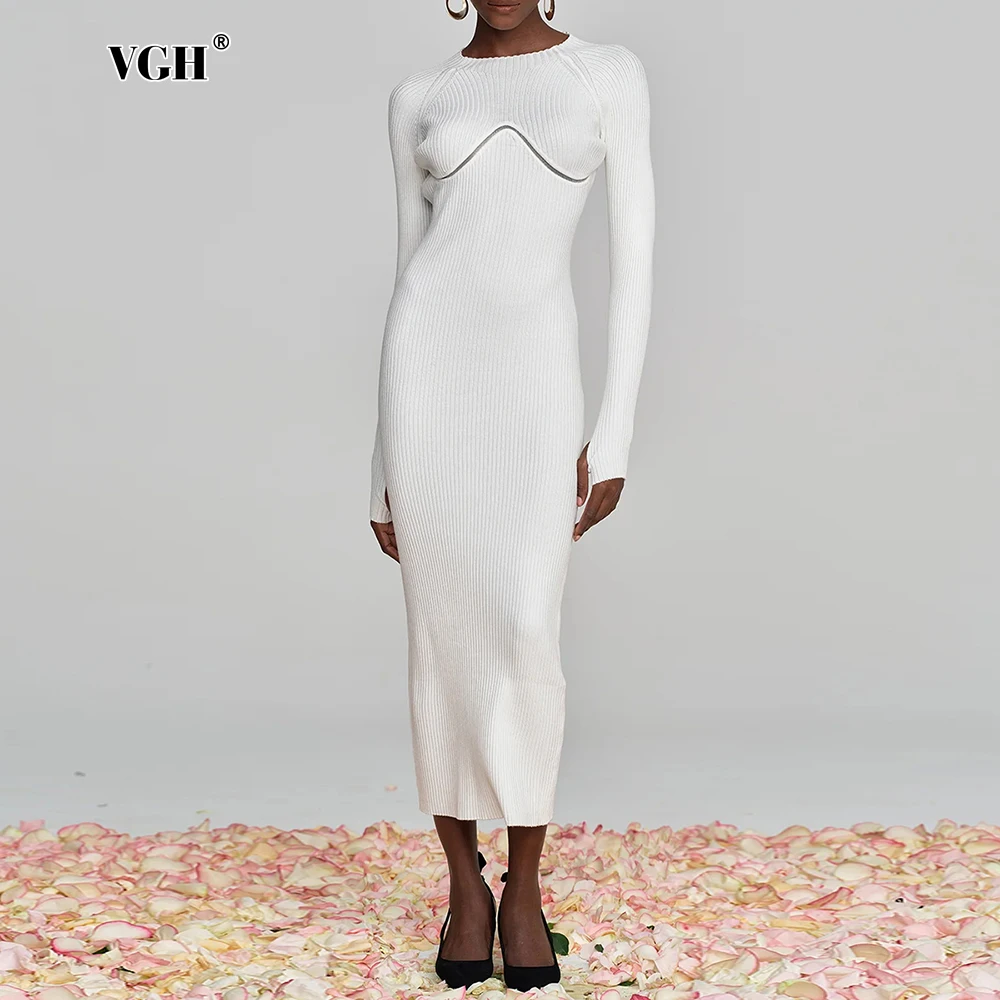 VGH Sexy Afslanken Bodycon Breien Jurken voor Vrouwen Ronde Hals Lange Mouw Hoge Taille Hol Temperament Lange Jurk Vrouwelijke