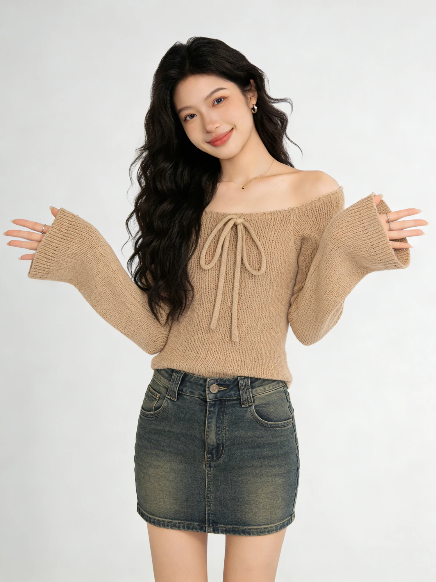 Sweet Style Knitted Sweater Women's Shoulder Bared Belted Inner Wear Soft Comfortable Long Sleeve V-Neck Regular Fit Winter New