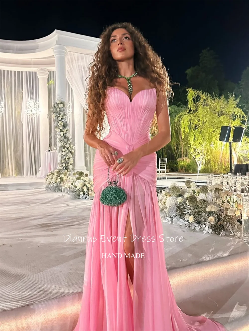 Dianruo 2025 สีชมพูจีบชุดราตรี Ruched ชุดชีฟองยาวผู้หญิง Sweetheart คุณภาพสูงพรหม Gowns ที่กําหนดเอง