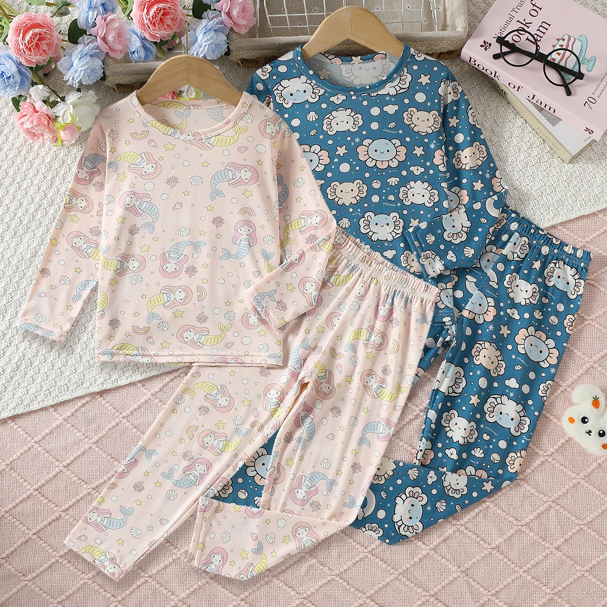 2-piece Set Of Children's Four Season Cartoon Printed Warm Base Suit Cute Home Clothes for boys and girls long sleeved sleepwear