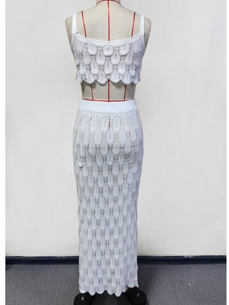 Swimwear Skirt Cover-up 2 Piece Set Women Crop Tops And Maxi Skirt Bathing Suit Fashion Solid Hollow Sexy Beach Cover Up Outfits