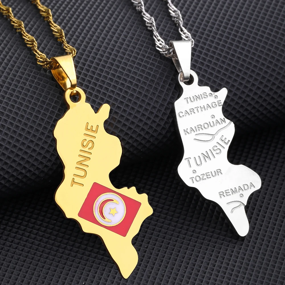 African Tunisia Map Flag Pendant Necklace Stainless Steel Men Women Tunisienne Maps City Jewelry Gift