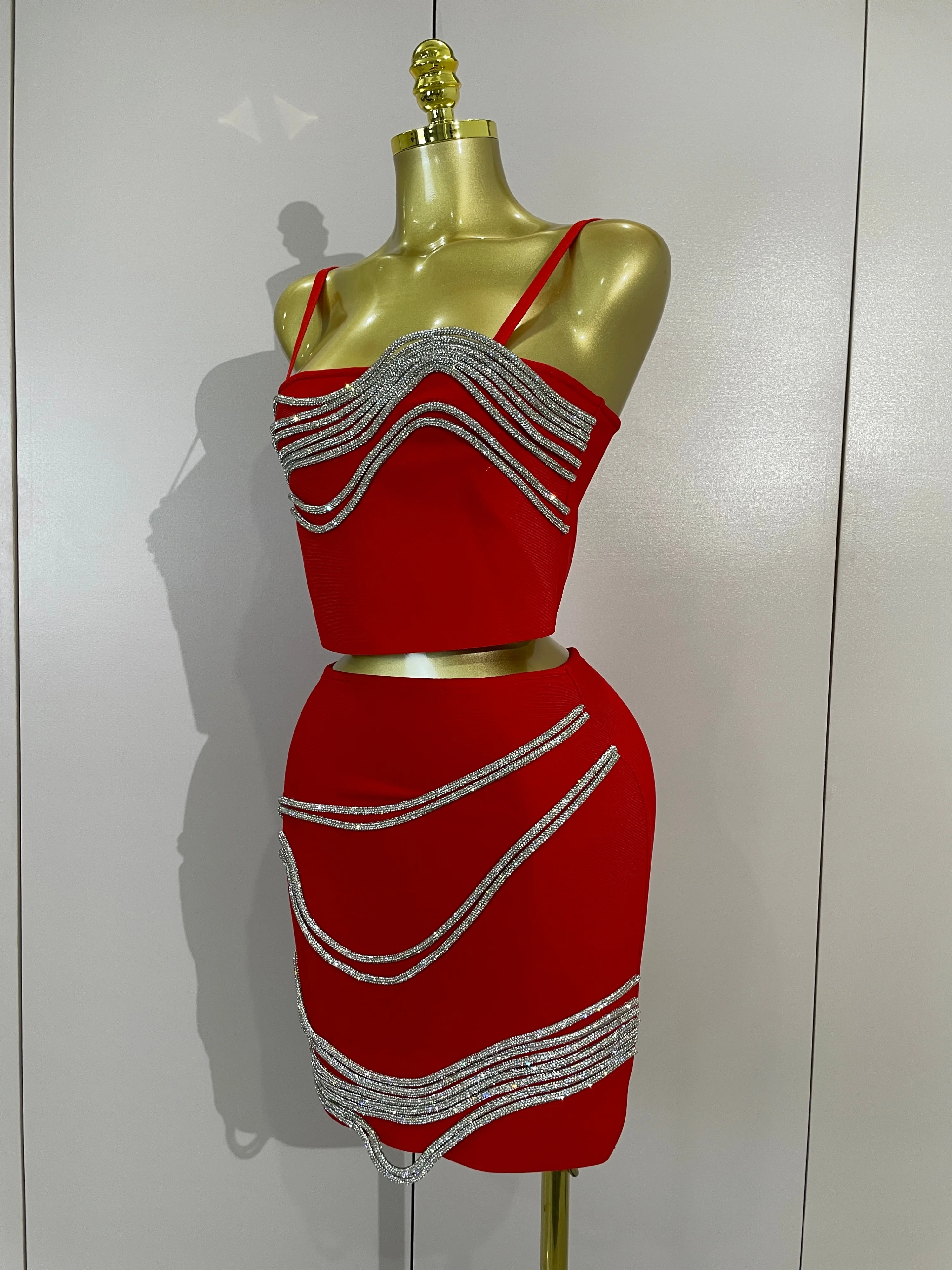 Elegant Diamond Chain Sexy Sleeveless Bandage Mini Dress Two Piece Set Women Celebrity Eveing Party Prom Birthday Club Dress view 2