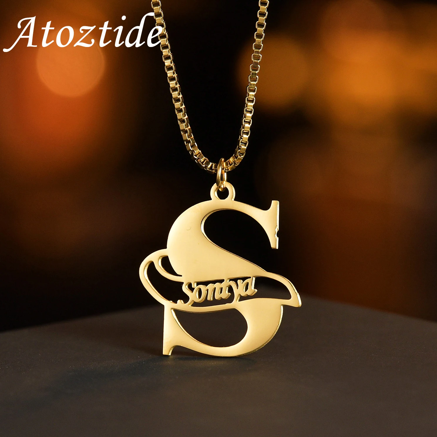 Atoztide Personalized Custom Big Letter Name Necklace for Women Stainless Steel Butterfly Pendant Choker Box Chain Jewelry Gift