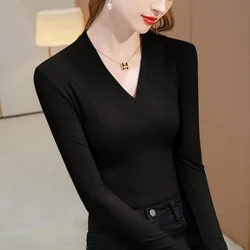 1pcs Women Autumn Winter Long-sleeved T-shirt Lady Thermal Underwear Thick Velvet Slim Fit Fashion New Style V-neck Top