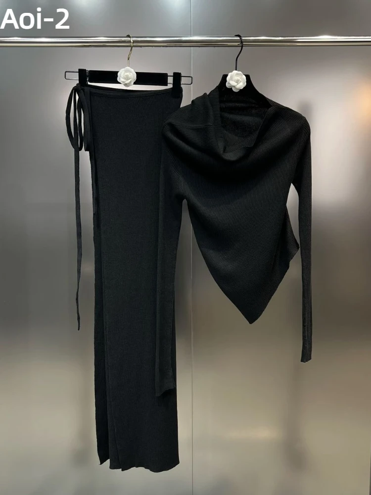 Elegant Commuter Black Knitted Suit Women's Autumn Winter Slant Shoulder Base Shirt Top+Long Skirt Sexy Spice Girl 2 Piece Set