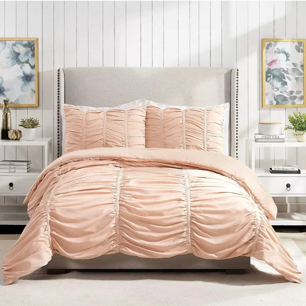 

Duvet cover,Comforter Set,Twin/Twin Size Comforter Set - 3 Pieces Pintuck Pleated, Bedding Sets,Blush Bed linen