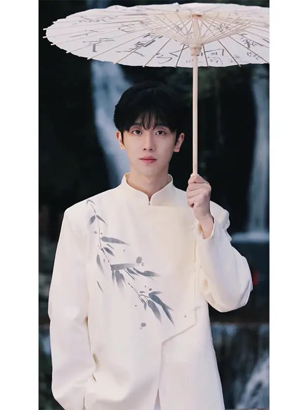 

White Vintage Chinese Sle Men's Suit Jaet with Bamboo Le Print Padded oulder Stand Collar Casual Western Coat