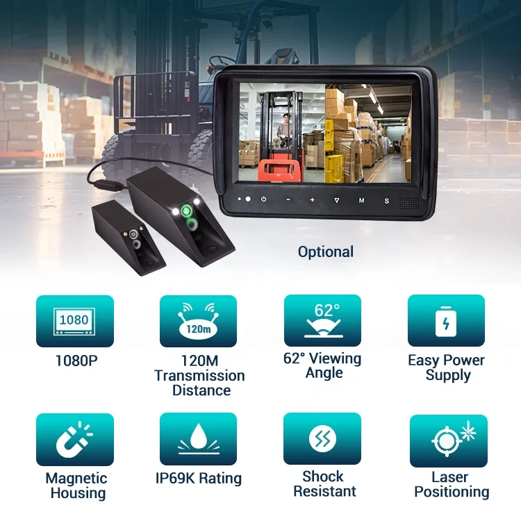 7 inch forklift wireless camera wide angle 1080P front view fork camera system for out door heavy duty handling safety