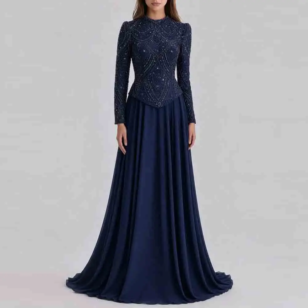 

Customized Beading Embroidery Muslim Evening Dress Navy Blue Chiffon Hijab Wedding Party Gown A Line Peplum Dresses