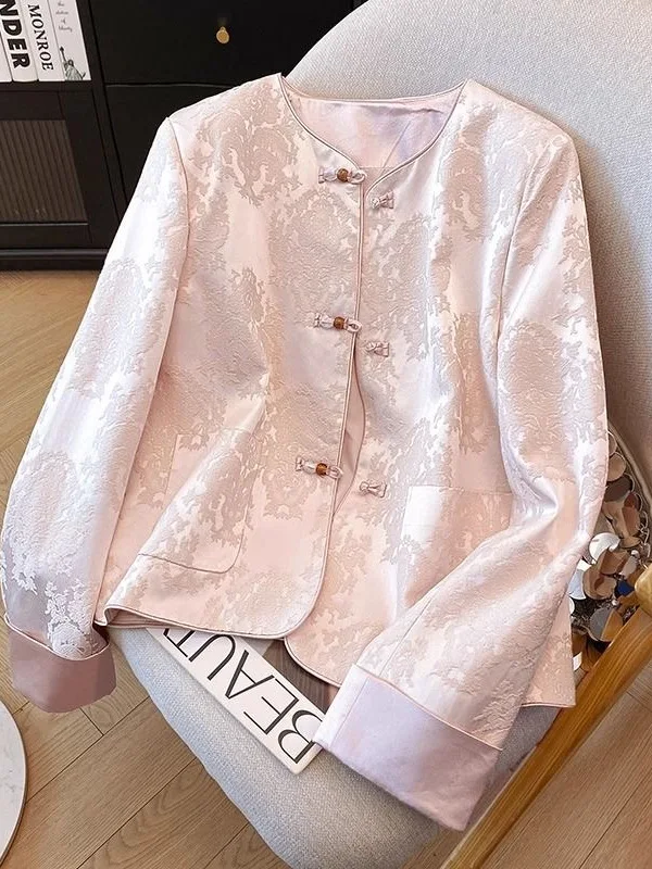 

Pink round Neck Short Jacket Women's Anti-Aging Chinese Style Embroidery Top Spring Fashionable Korean Brand Polyester Fiber