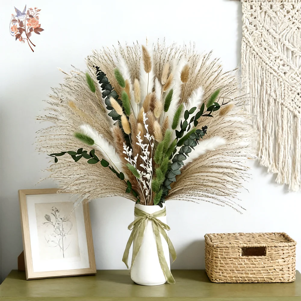 

85 шт., натуральные сушеные цветы, букет из пампасной травы, бохо, домашний весенний декор, наполнитель для вазы для стола, зеленый эвкалиптовый букет, принадлежности